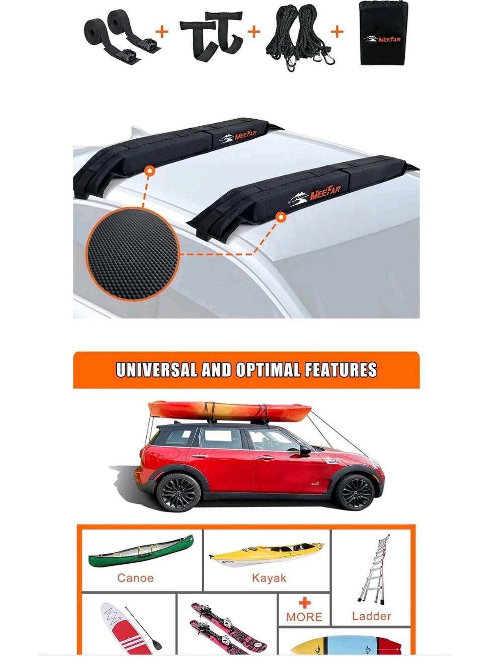 MEEFAR Car Roof Rack Portable Boatrack Padded Black Universal Vehicle Set New